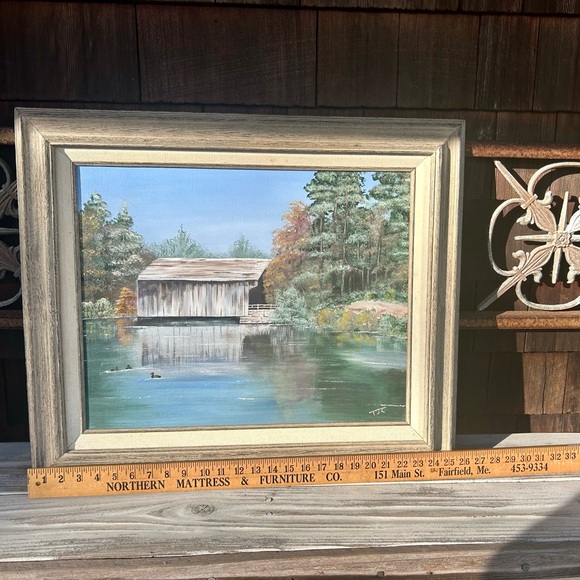 Rustic Framed Landscape Painting of a Covered Bridge by the Water. - Picture 8 of 10